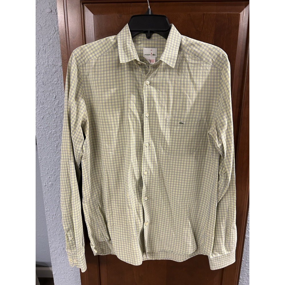 Lacoste Shirt 40 Yellow Gray Plaid Classic Crocodile Logo Button‎ Up Long Sleeve